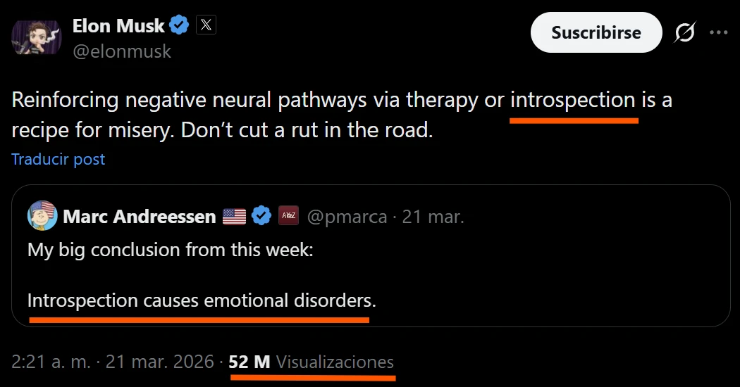 Elon Musk recientemente en su red social X. Ojito a la cantidad no menor de personas que ven sus publicaciones